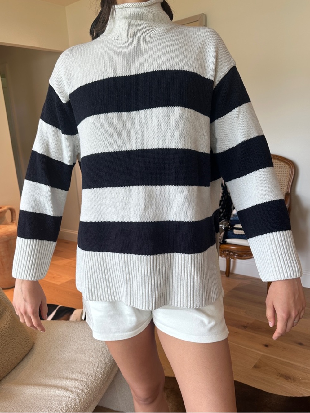 Vince Cotton Striped Mock Neck Sweater - Navy & White sz xs